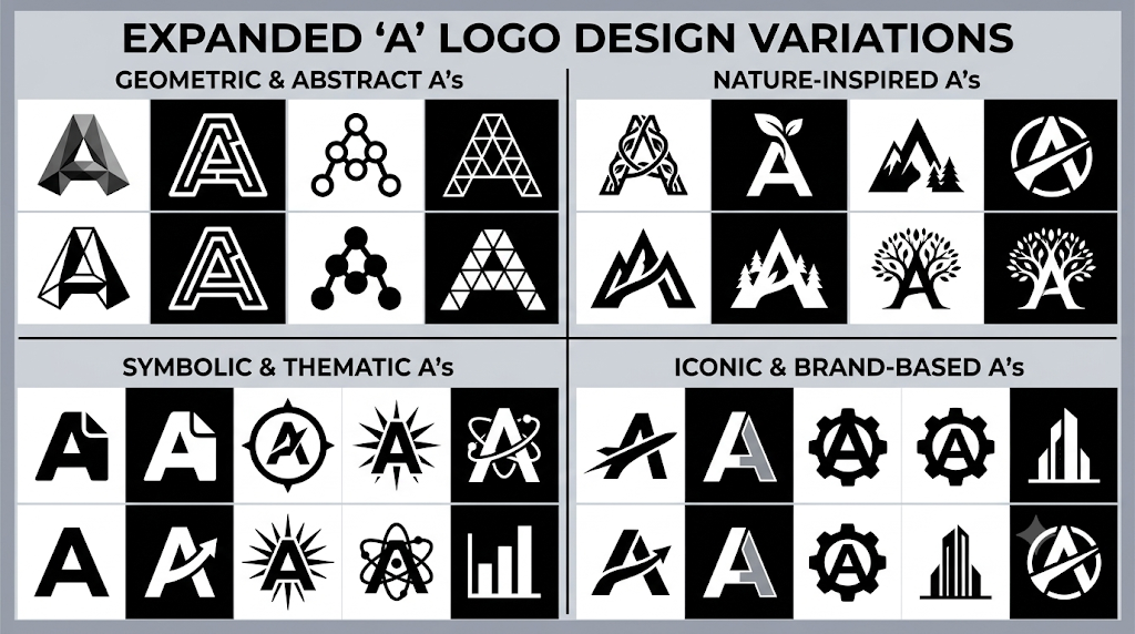 Expanded A logo design variations from the Aria logo brainstorming phase