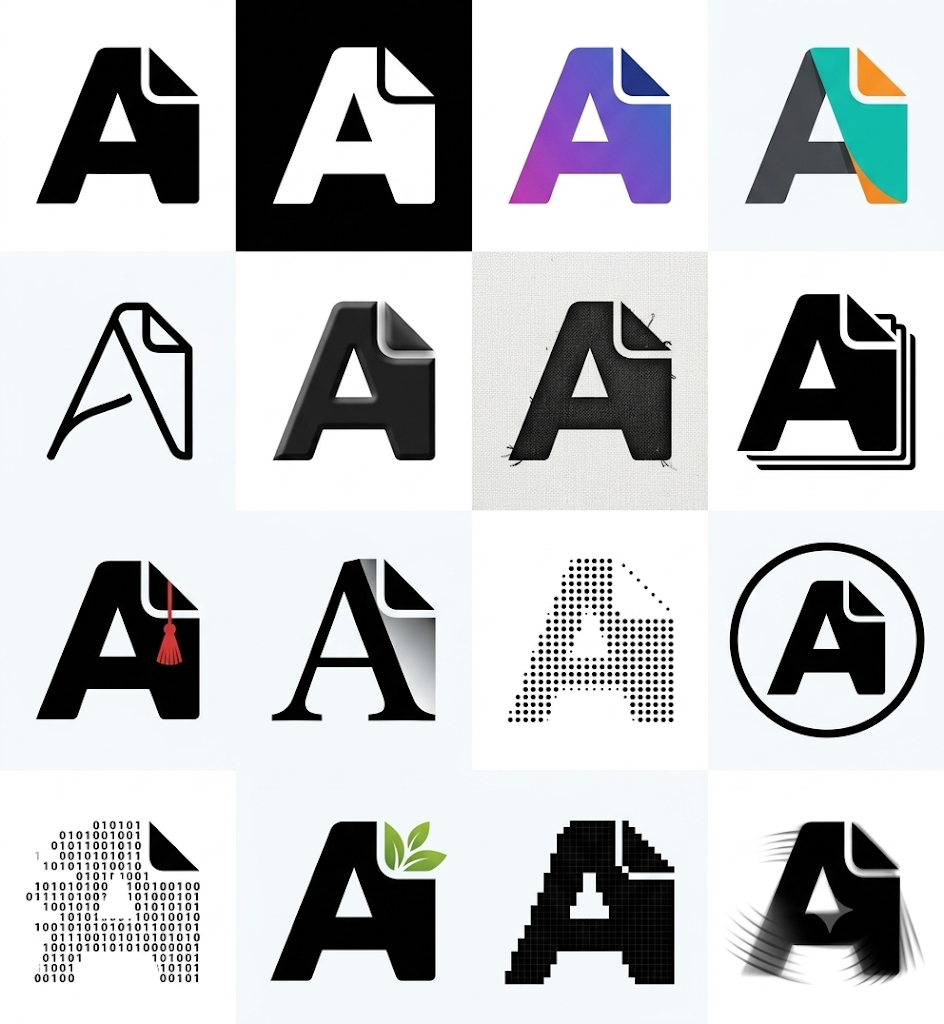 Folded A logo variations from the Aria logo brainstorming phase